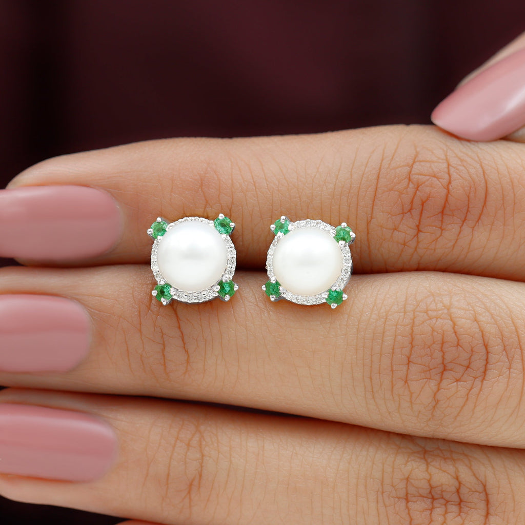6 Carat Pearl Stud Earrings with Created Emerald and Diamond Halo