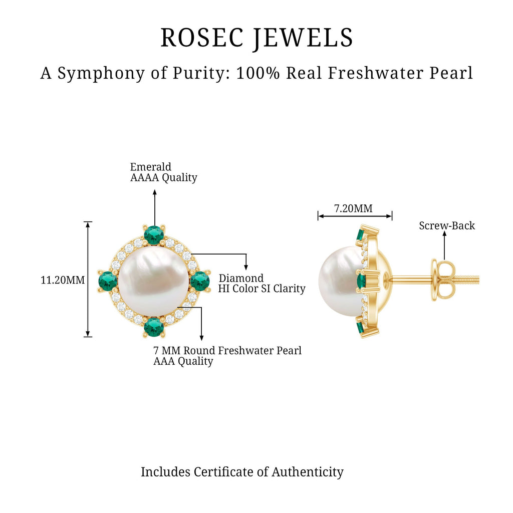 6 Carat Pearl Stud Earrings with Created Emerald and Diamond Halo