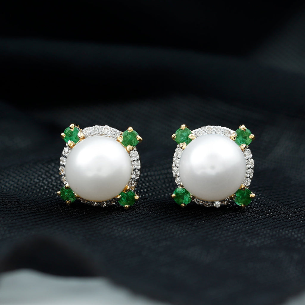 6 Carat Pearl Stud Earrings with Created Emerald and Diamond Halo