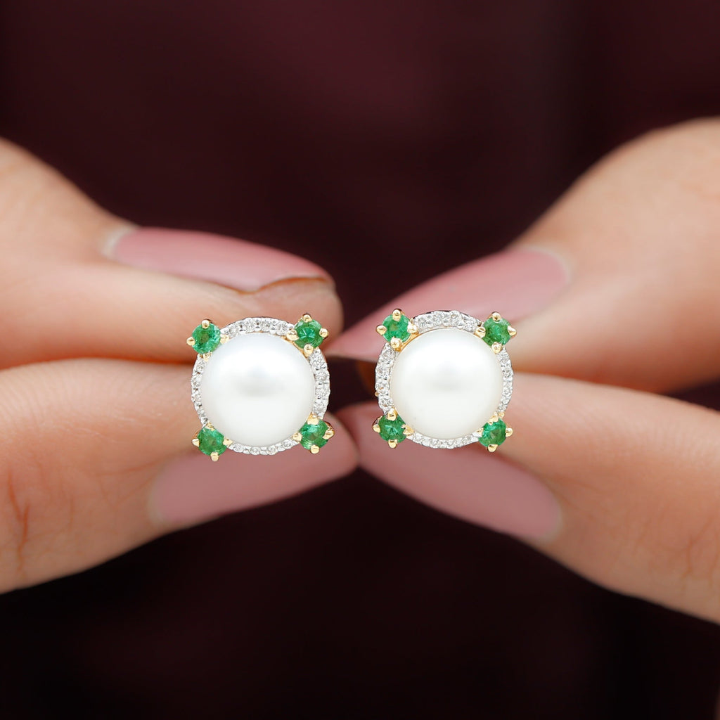 6 Carat Pearl Stud Earrings with Created Emerald and Diamond Halo