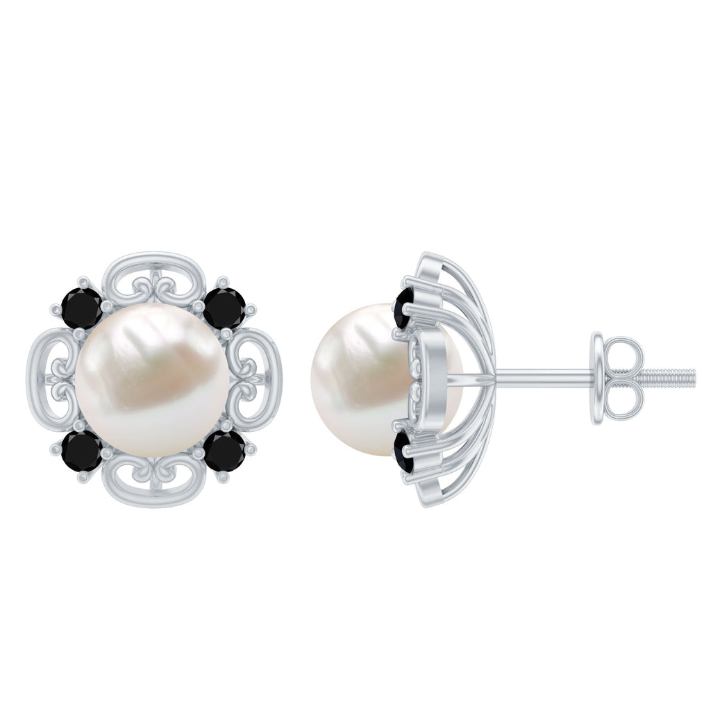 Vintage Style Freshwater Pearl and Black Onyx Stud Earrings