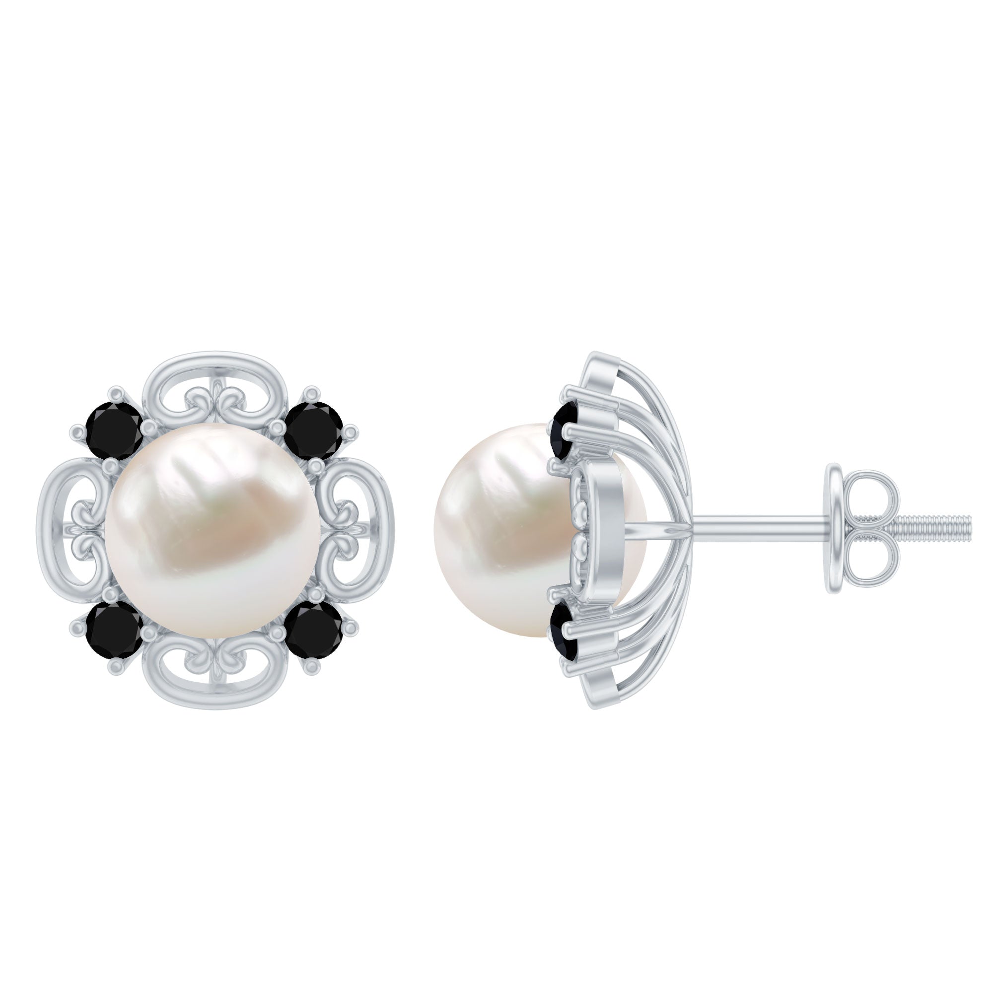 Vintage Style Freshwater Pearl and Black Onyx Stud Earrings