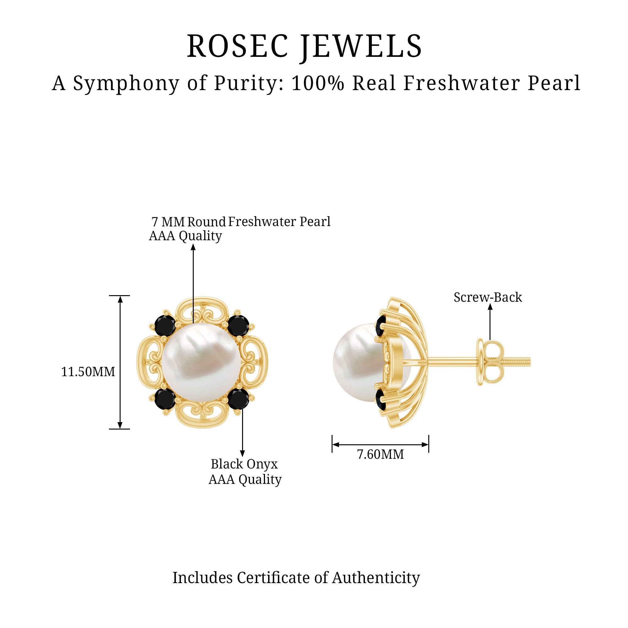 Vintage Style Freshwater Pearl and Black Onyx Stud Earrings