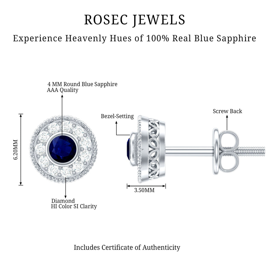 Antique Blue Sapphire and Diamond Halo Stud Earrings