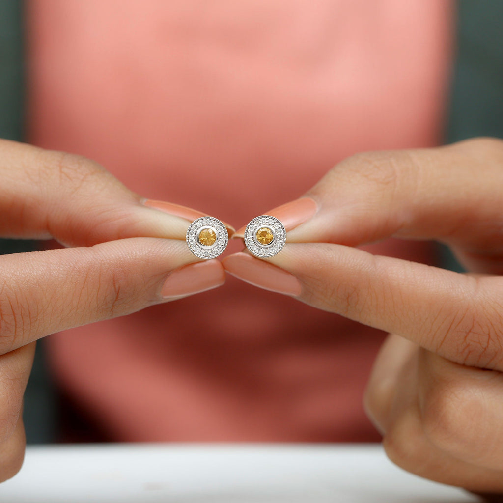 Round Citrine Halo Stud Earrings with Diamonds
