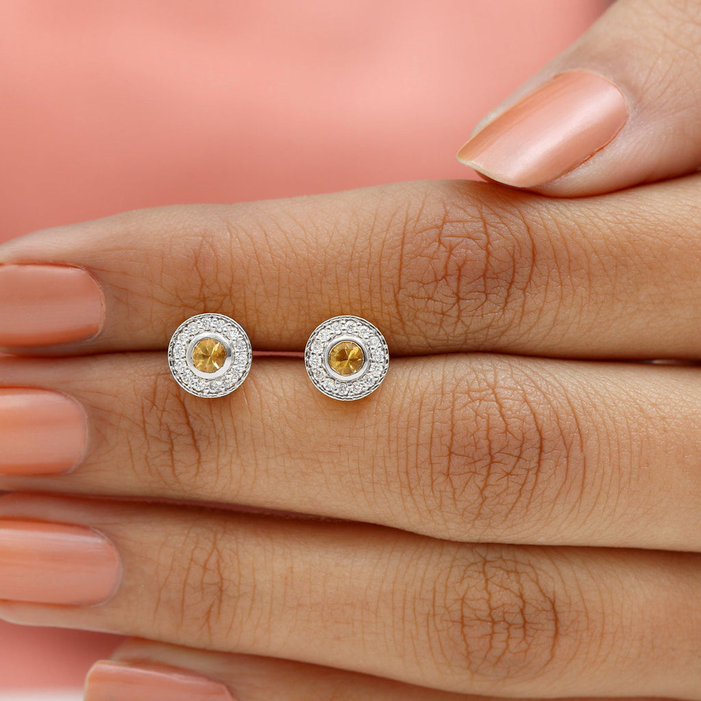 Round Citrine Halo Stud Earrings with Diamonds