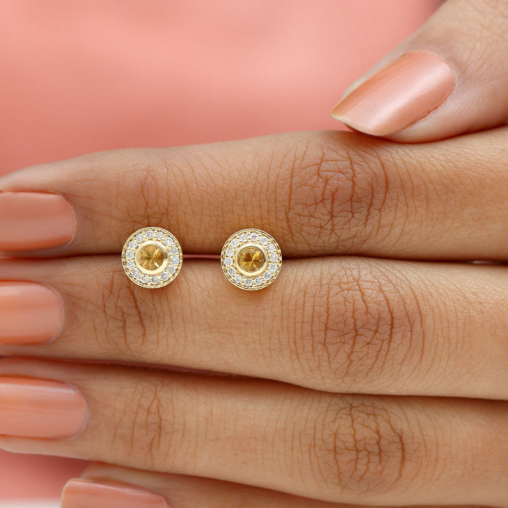 Round Citrine Halo Stud Earrings with Diamonds