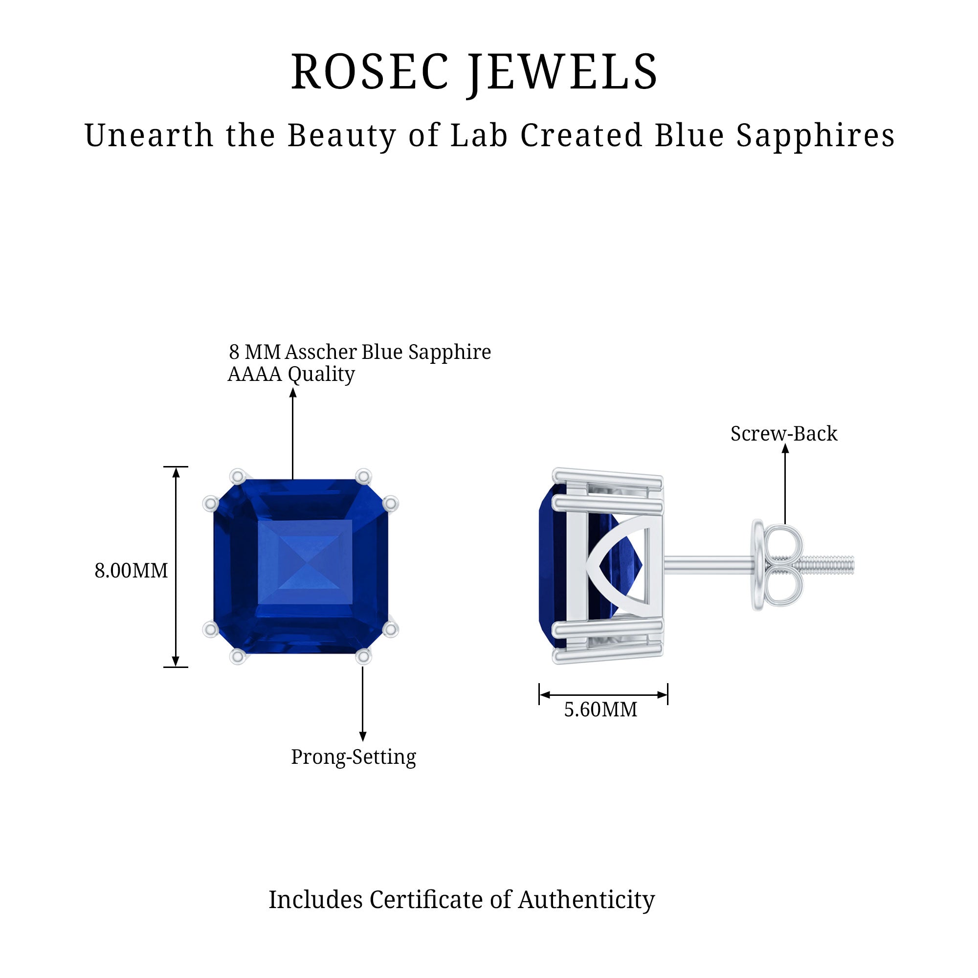8MM Asscher Cut Lab Created Blue Sapphire Stud Earrings