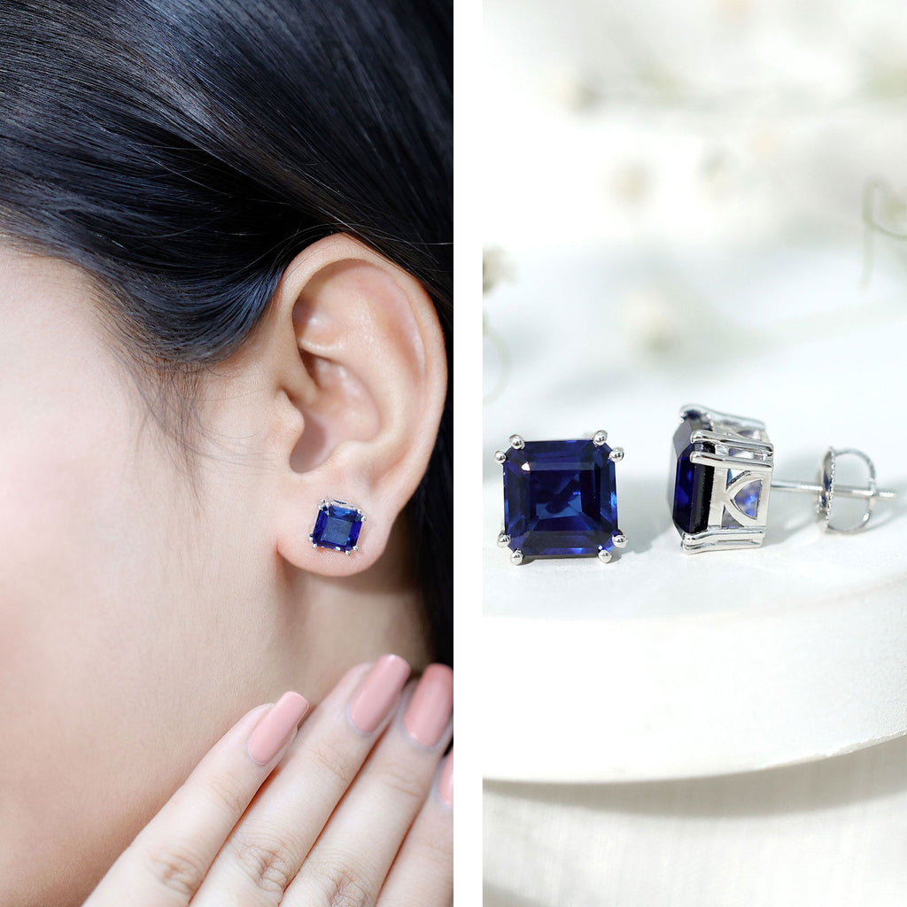 8MM Asscher Cut Lab Created Blue Sapphire Stud Earrings