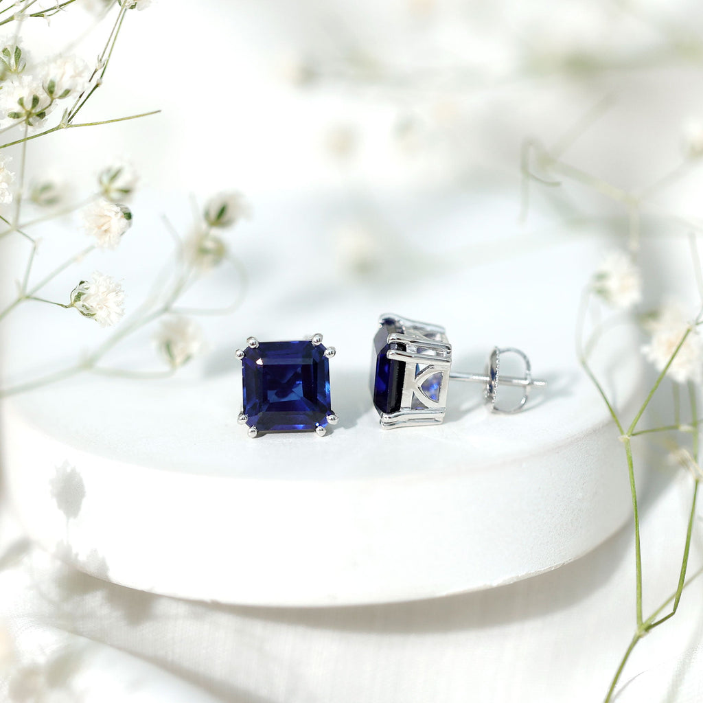 8MM Asscher Cut Lab Created Blue Sapphire Stud Earrings
