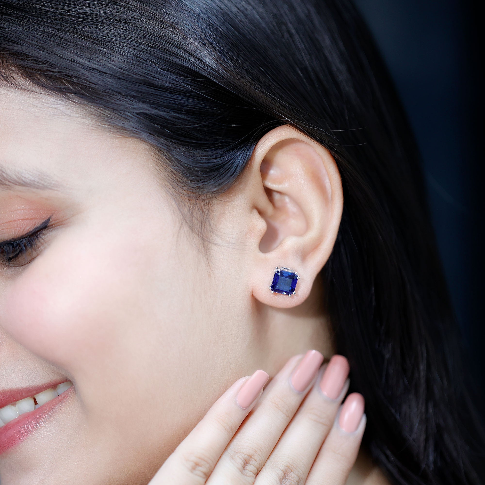8MM Asscher Cut Lab Created Blue Sapphire Stud Earrings