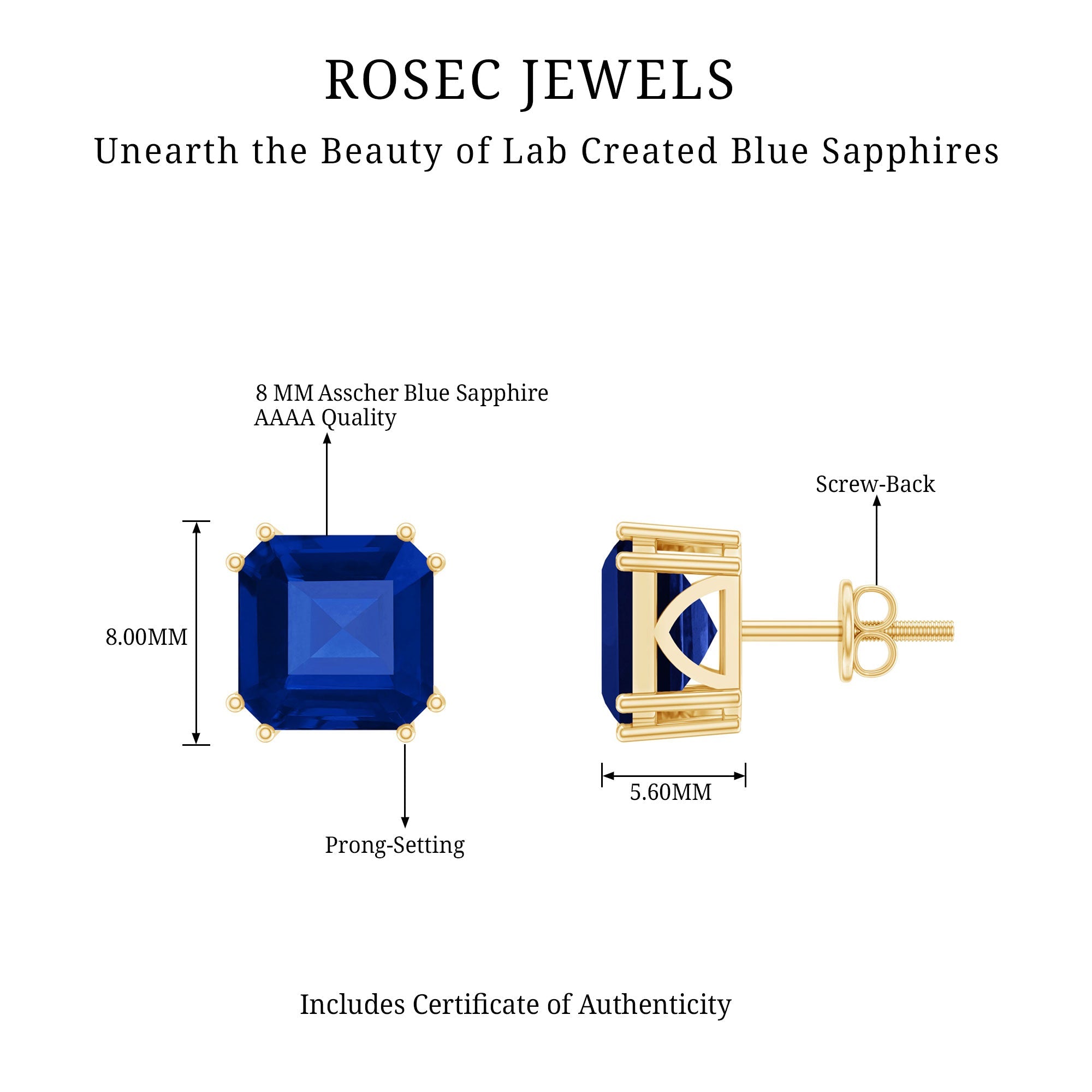 8MM Asscher Cut Lab Created Blue Sapphire Stud Earrings