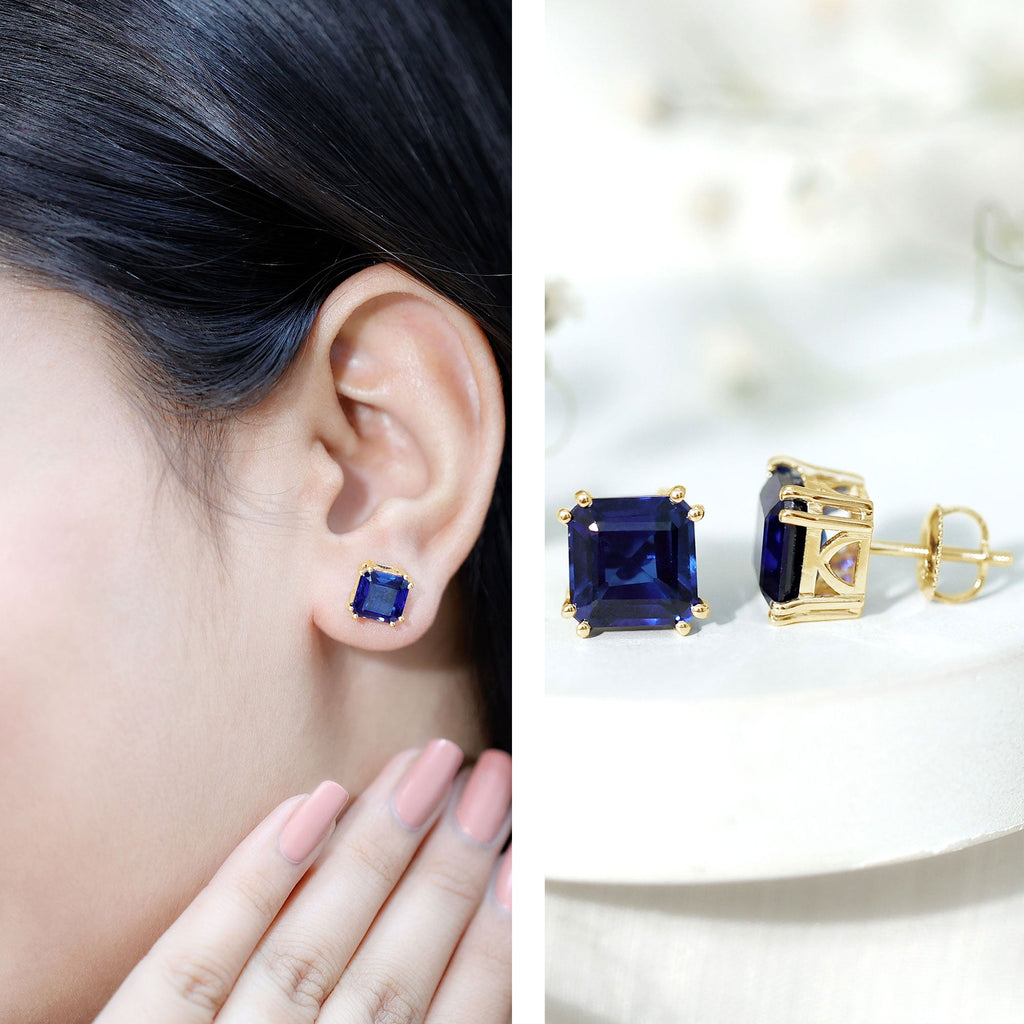 8MM Asscher Cut Lab Created Blue Sapphire Stud Earrings