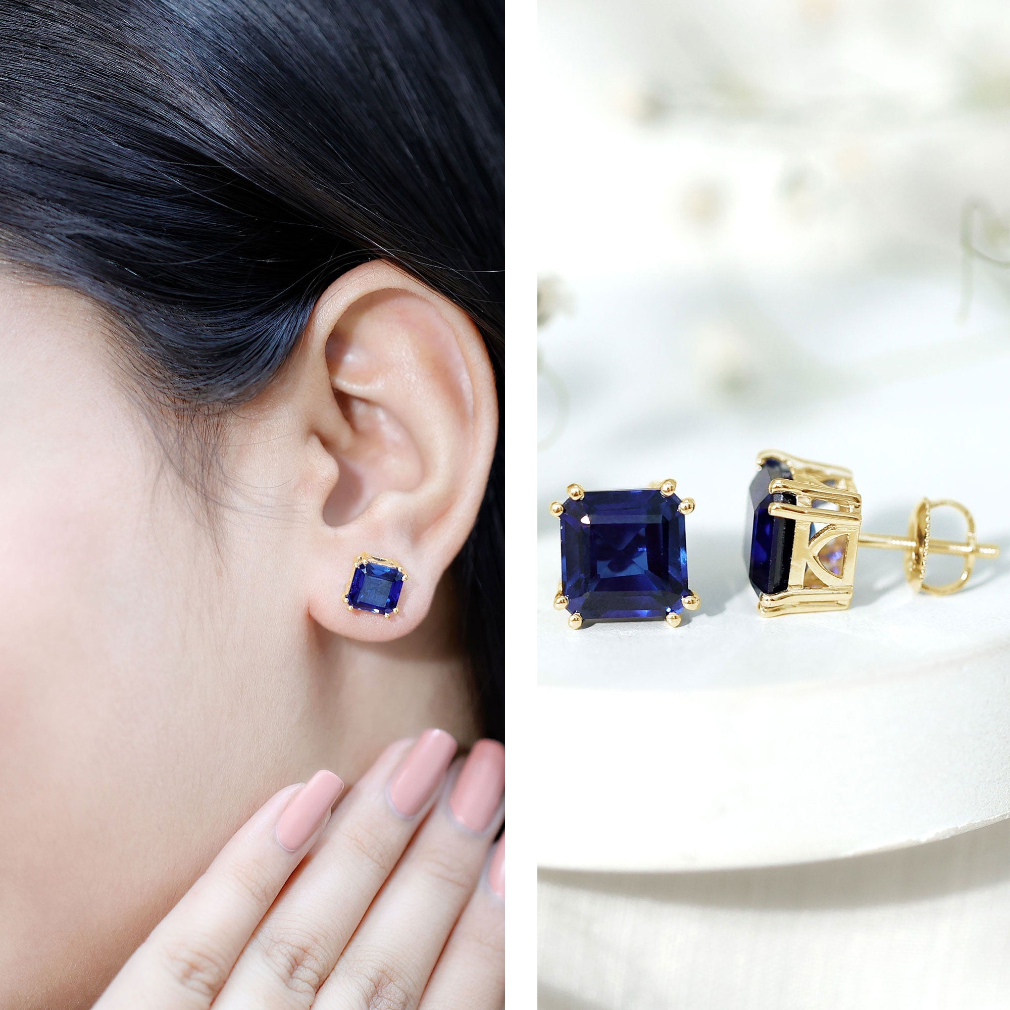 8MM Asscher Cut Lab Created Blue Sapphire Stud Earrings