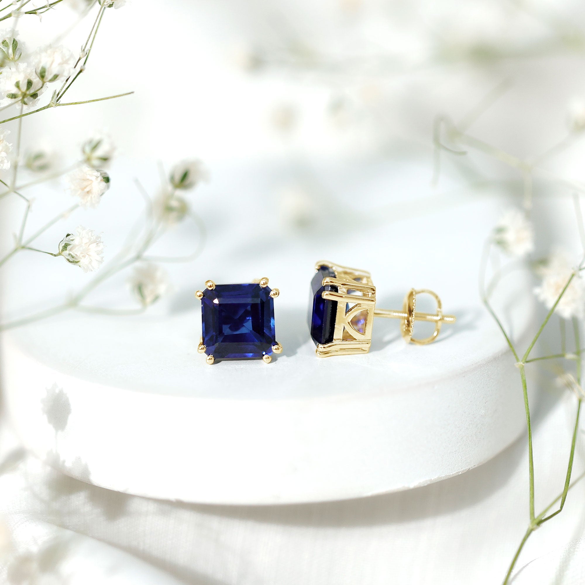 8MM Asscher Cut Lab Created Blue Sapphire Stud Earrings