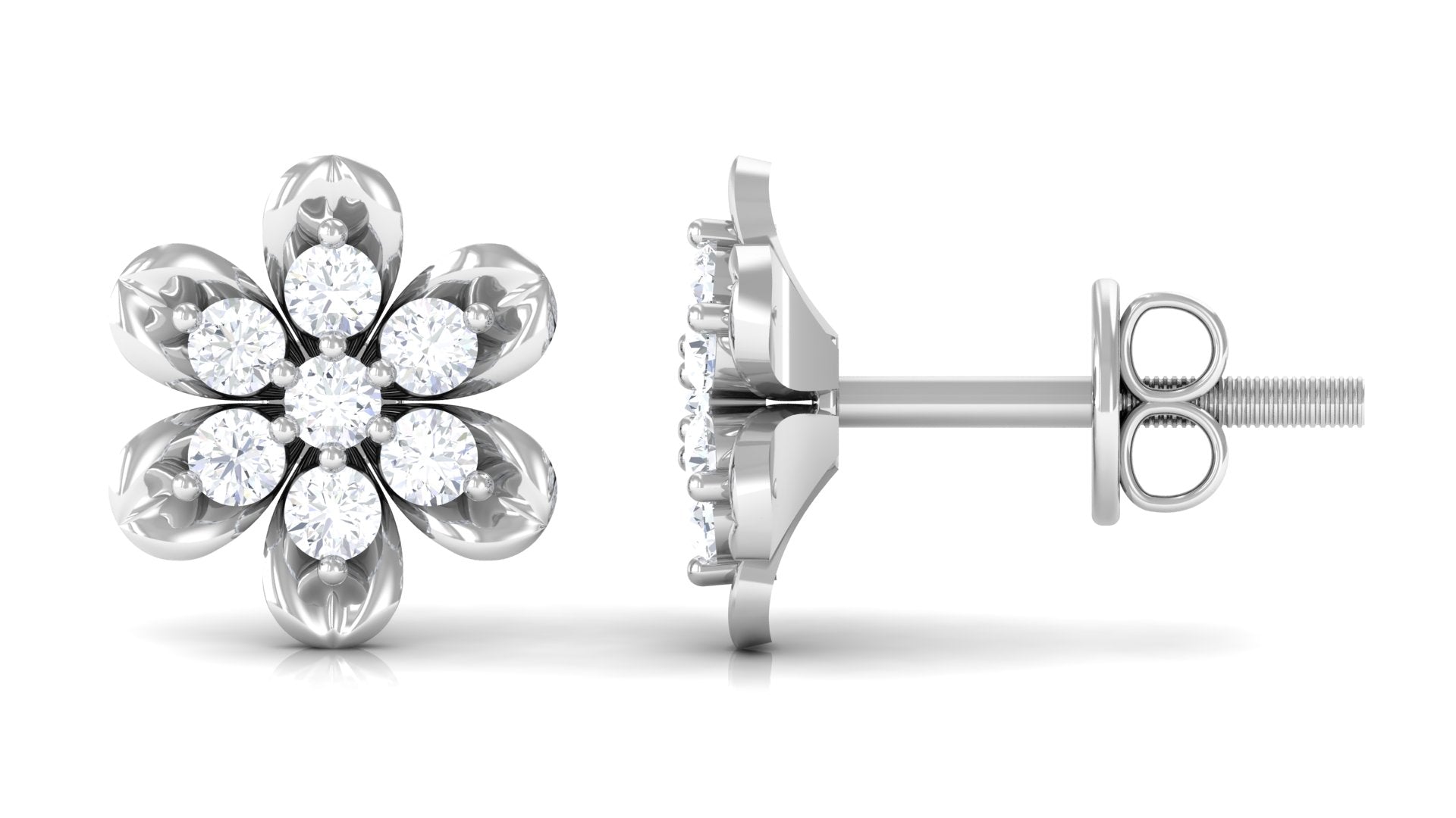 Brilliant Cut Diamond Flower Stud Earrings with Screw Back