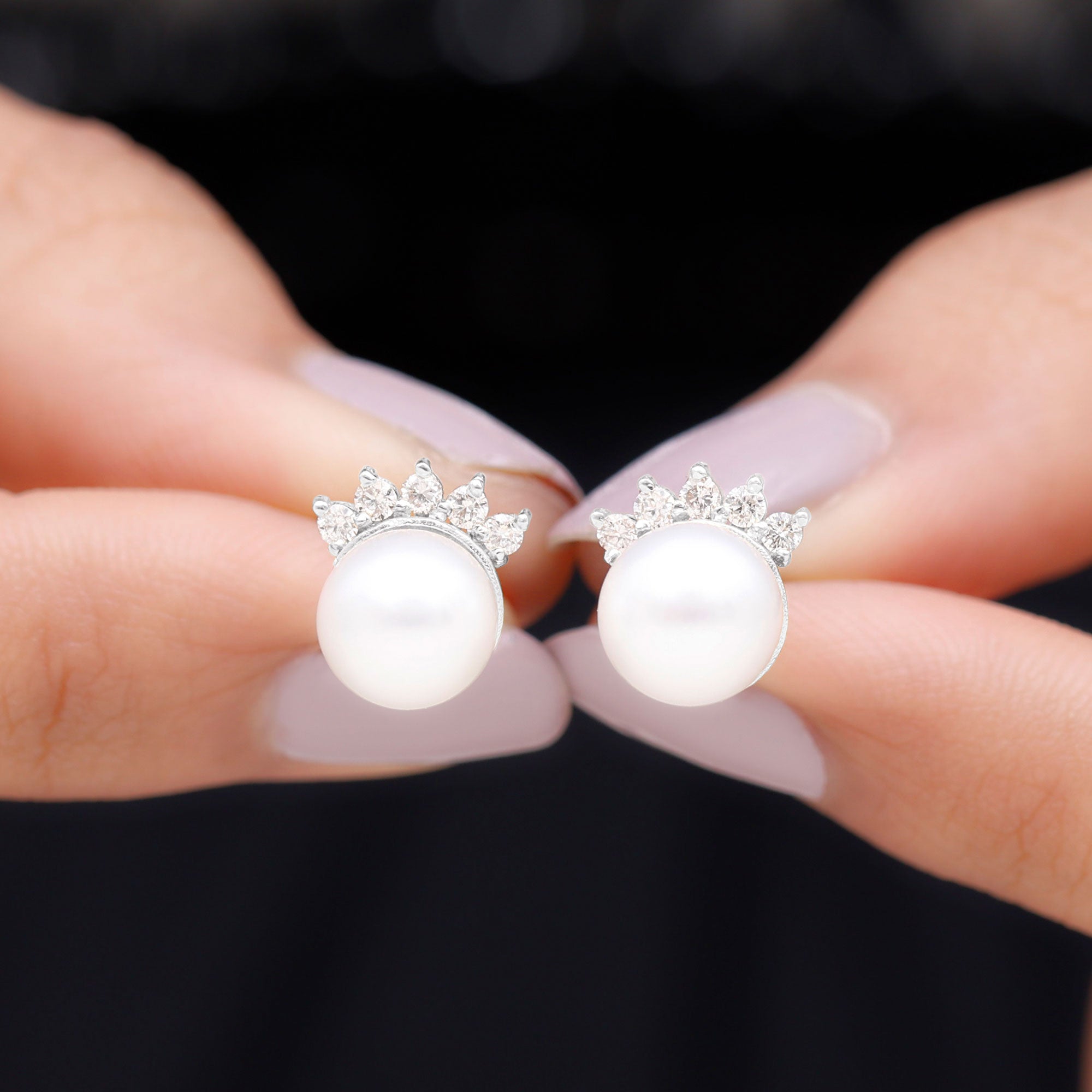 Real Freshwater White Pearl Stud Earrings with Diamonds