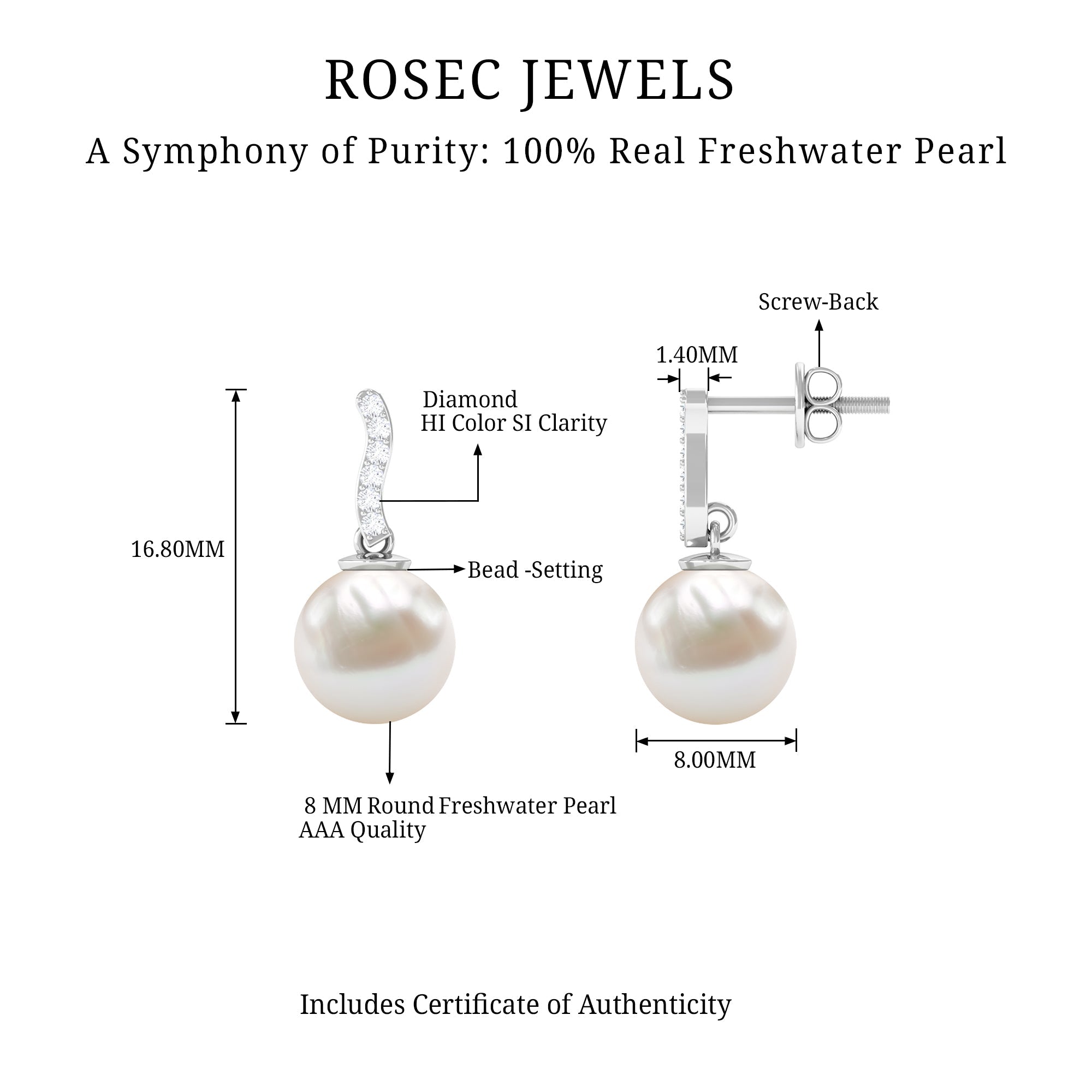 8MM Freshwater Pearl Drop Earrings with Diamond