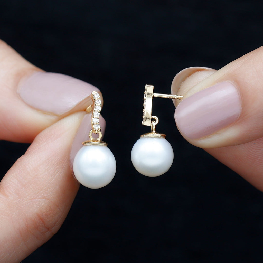 8MM Freshwater Pearl Drop Earrings with Diamond