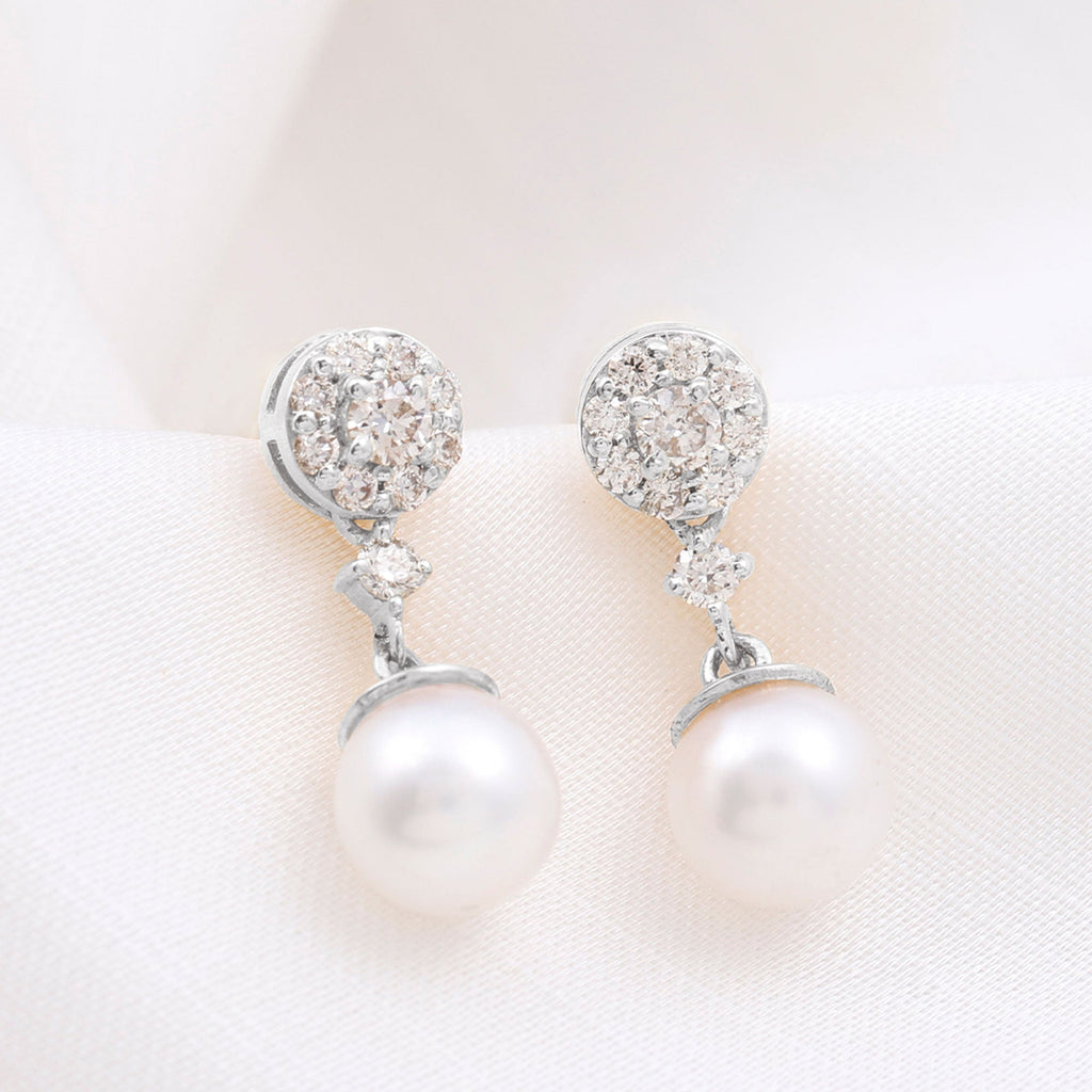 Genuine 6 Carat Freshwater Cultured Pearl Drop Earrings with Diamonds