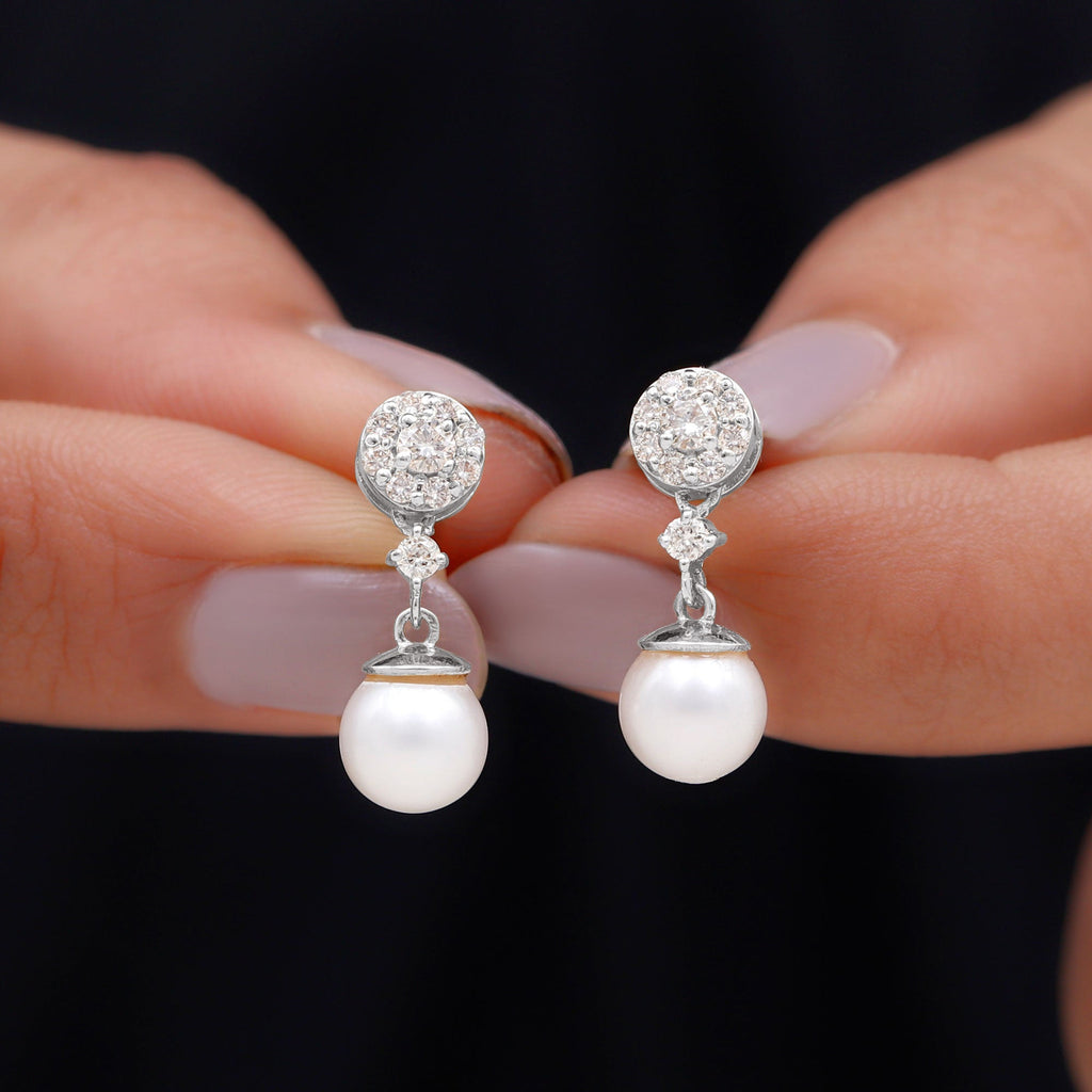 Genuine 6 Carat Freshwater Cultured Pearl Drop Earrings with Diamonds