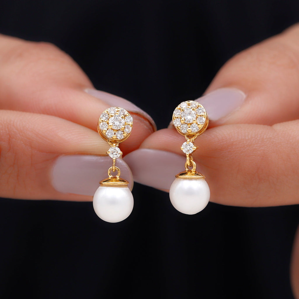Genuine 6 Carat Freshwater Cultured Pearl Drop Earrings with Diamonds
