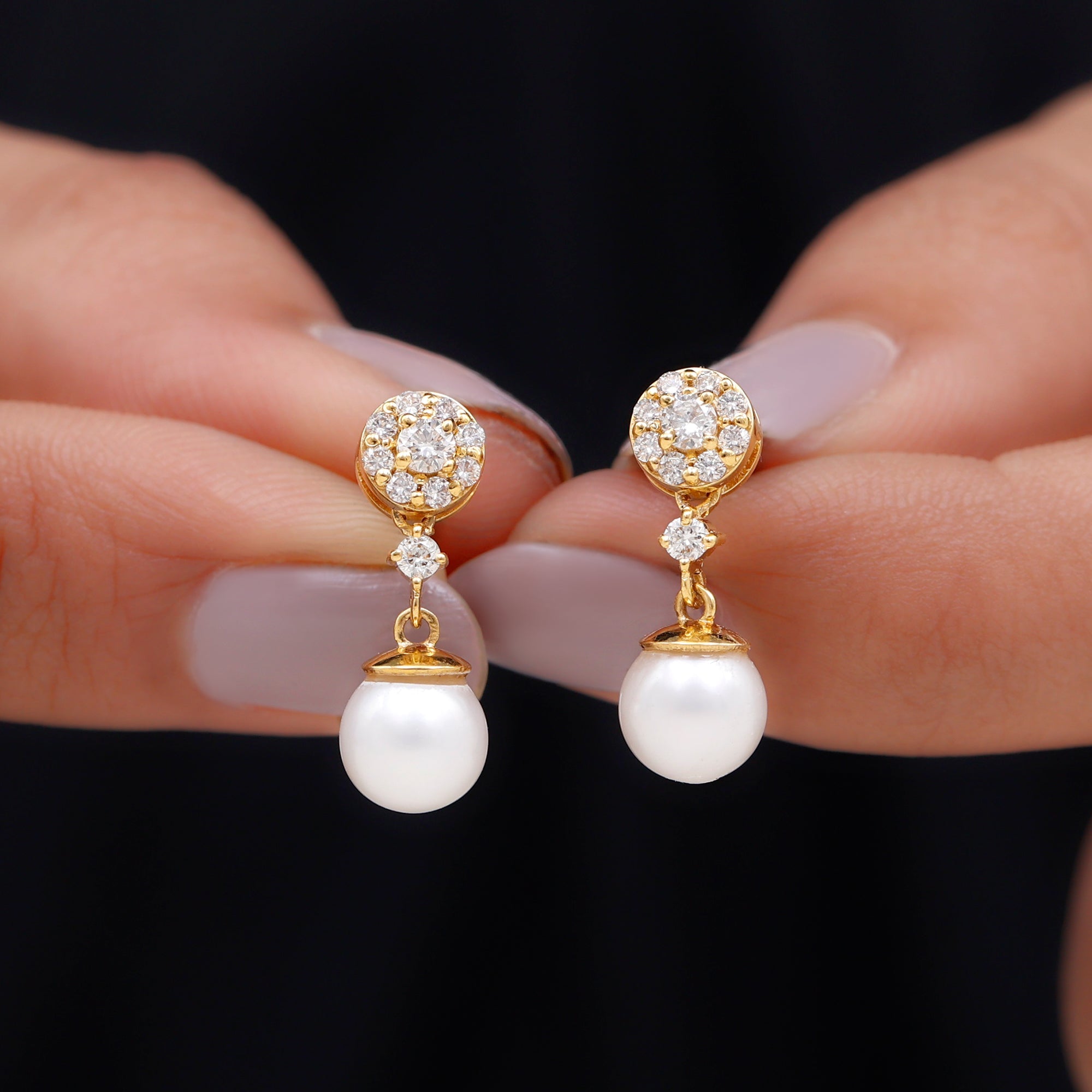 Genuine 6 Carat Freshwater Cultured Pearl Drop Earrings with Diamonds