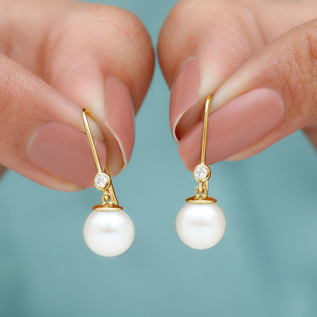 Real Freshwater Pearl Drop Earrings with Diamond