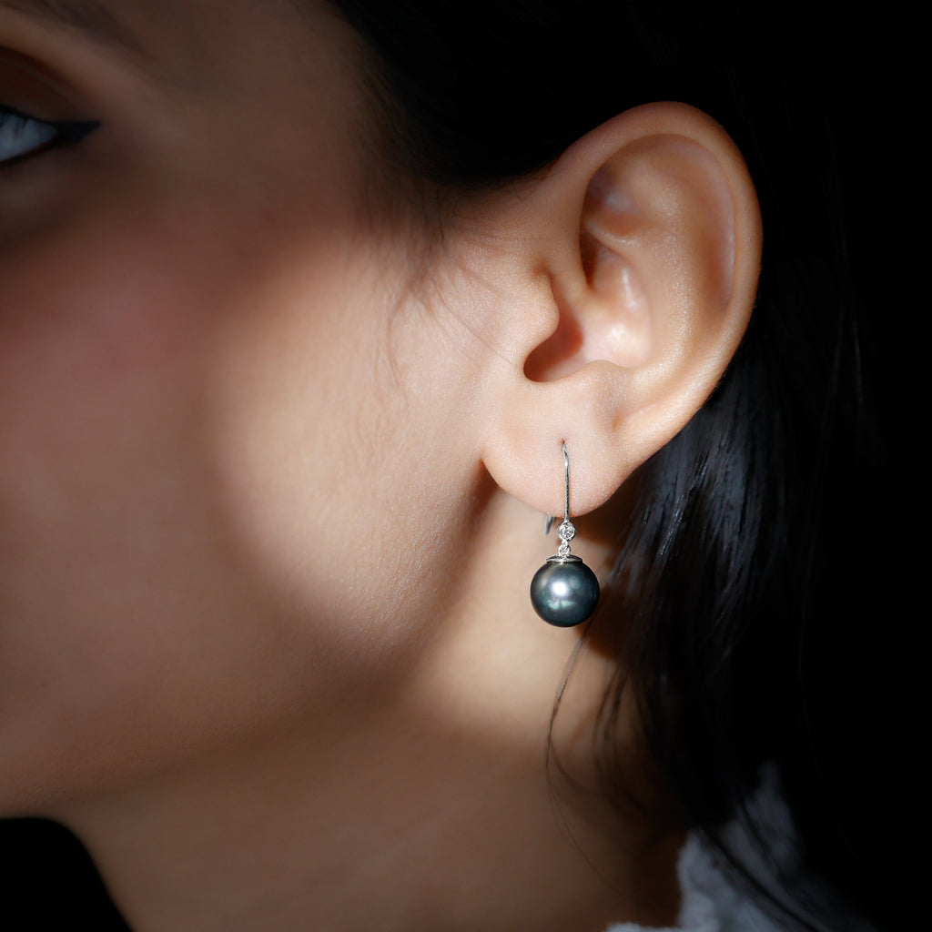 Tahitian Black Pearl Dangling Earrings with Moissanite