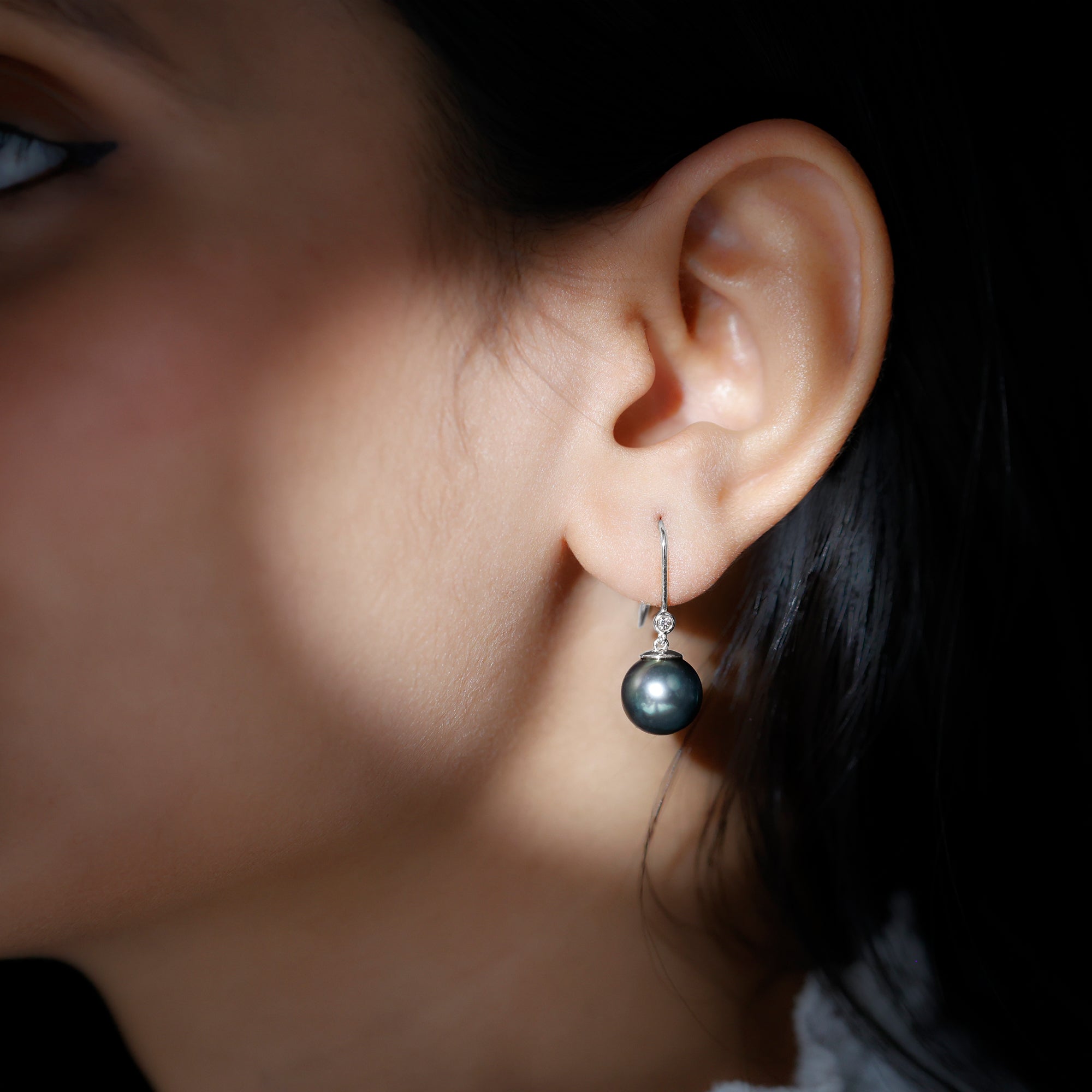 Tahitian Black Pearl Dangling Earrings with Moissanite