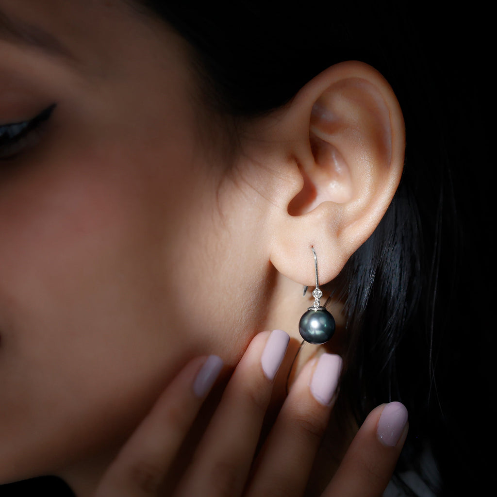 Tahitian Black Pearl Dangling Earrings with Moissanite