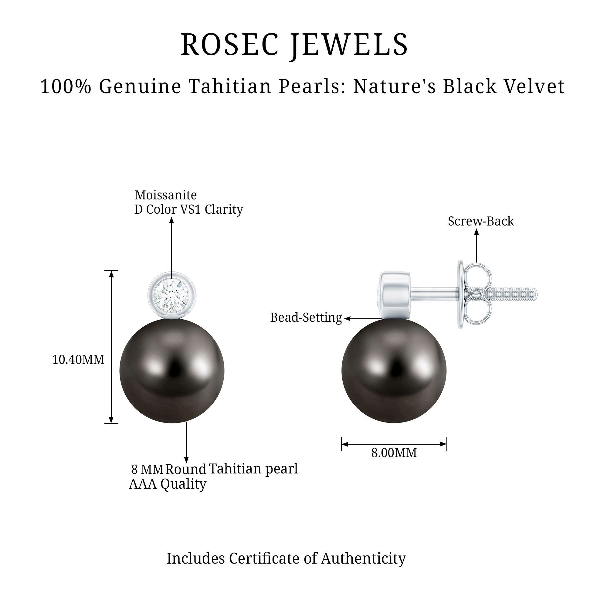 Genuine Black Pearl Stud Earrings For Women