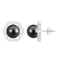 16 CT Tahitian Black Pearl and Diamond Flower Stud Earrings