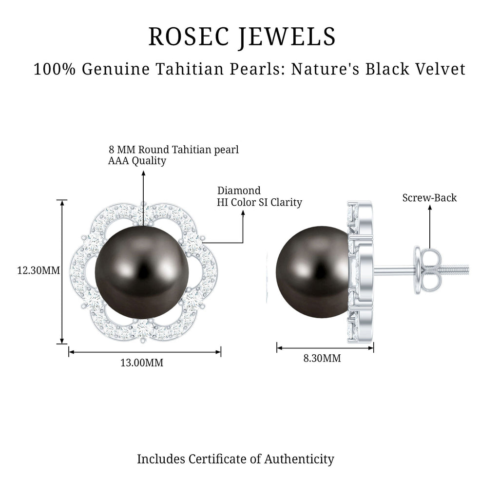 16 CT Tahitian Black Pearl and Diamond Flower Stud Earrings