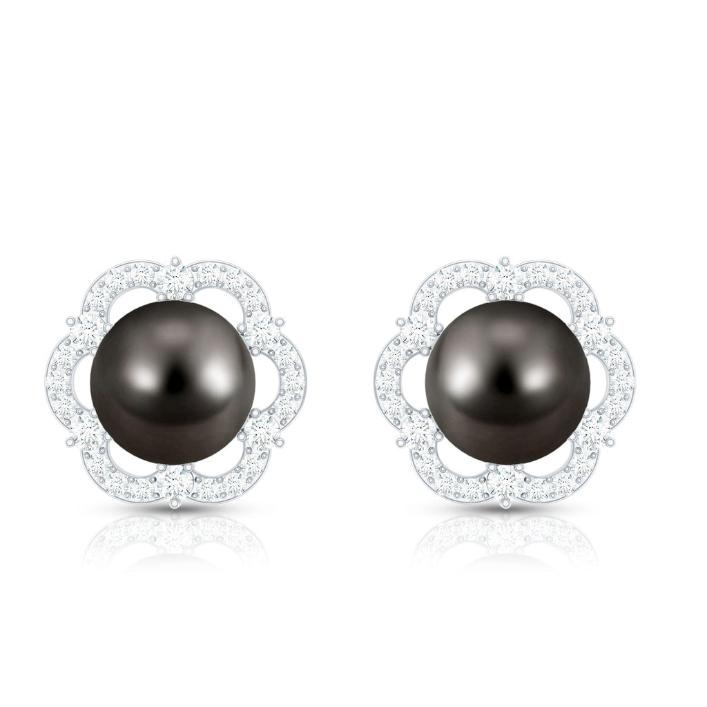 16 CT Tahitian Black Pearl and Diamond Flower Stud Earrings