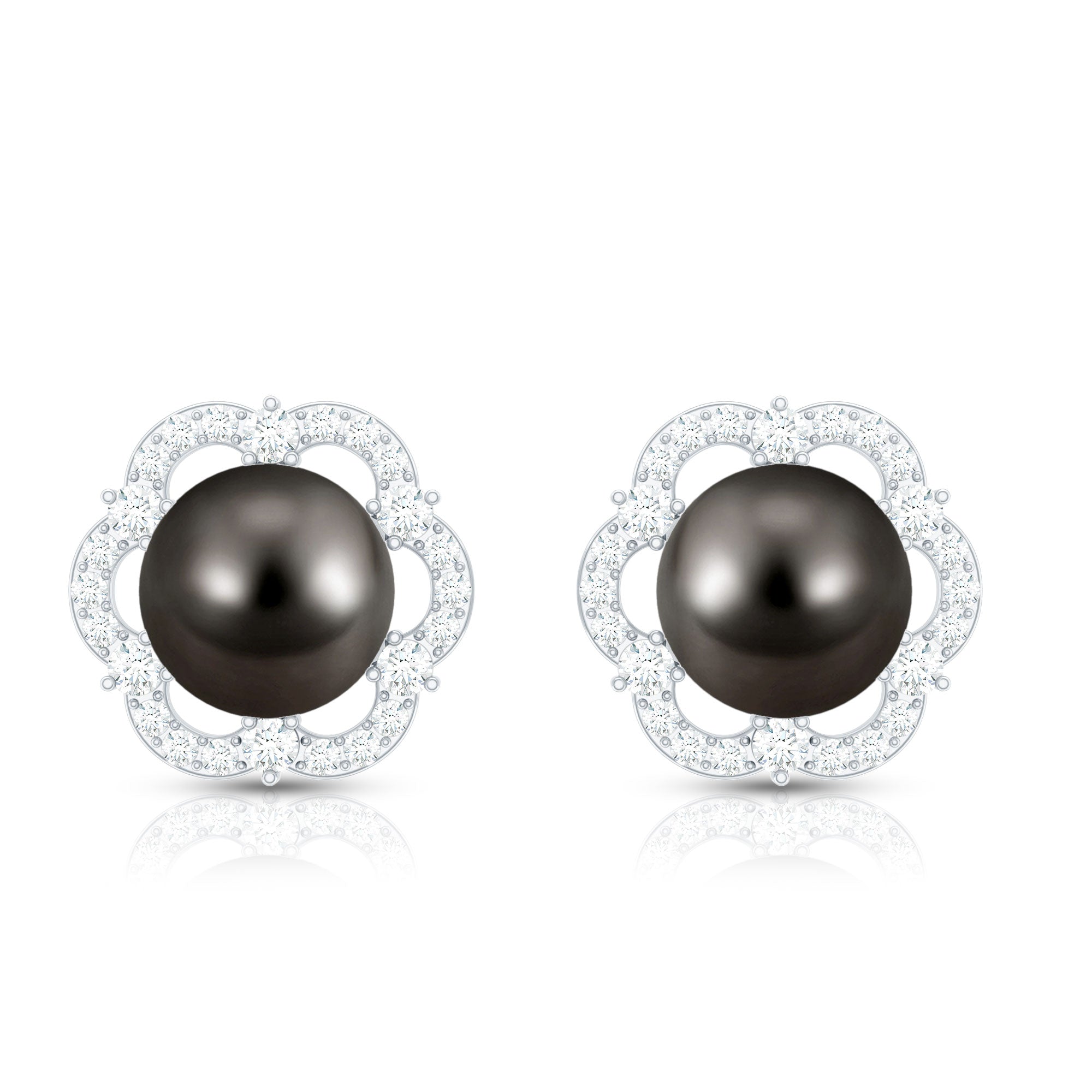 16 CT Tahitian Black Pearl and Diamond Flower Stud Earrings