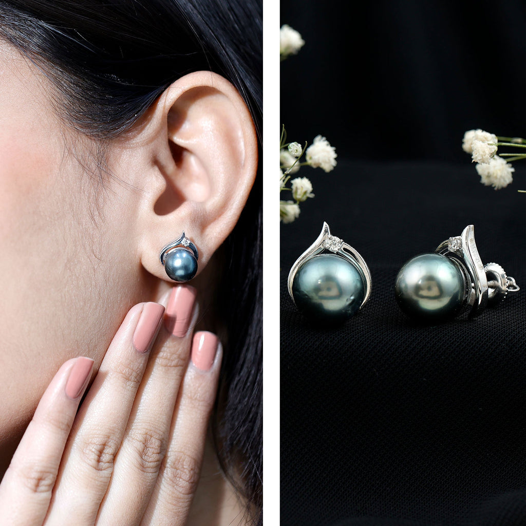 Cultured 15 Carat Tahitian Pearl Bridal Stud Earrings with Diamond