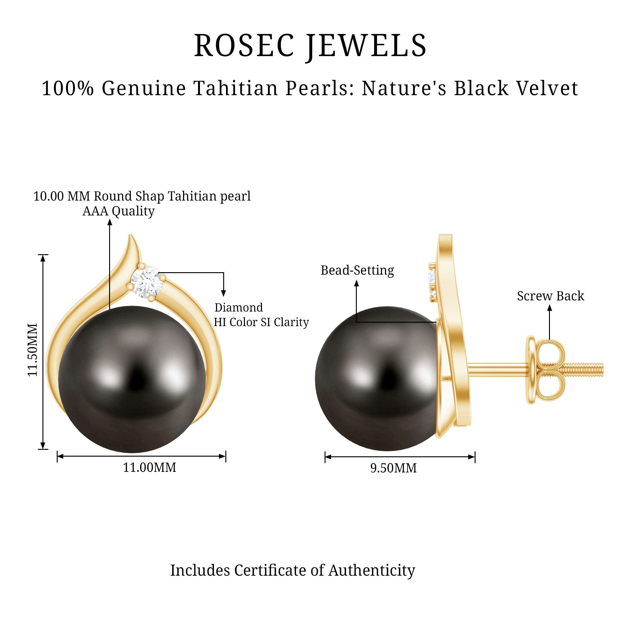 Cultured 15 Carat Tahitian Pearl Bridal Stud Earrings with Diamond