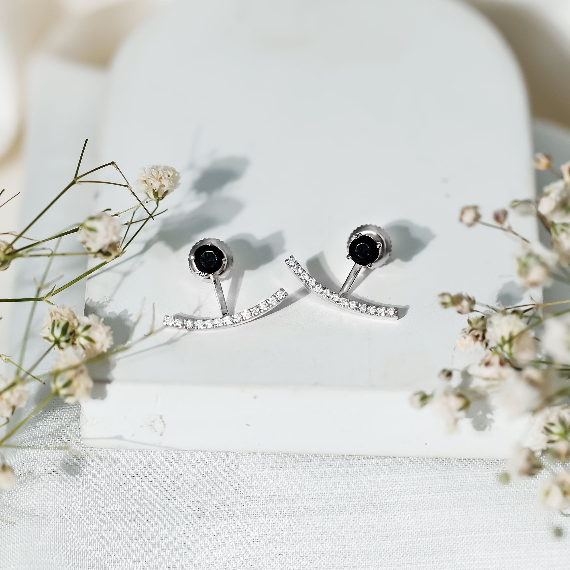 Round Black Onyx Front Back Earrings with Diamond