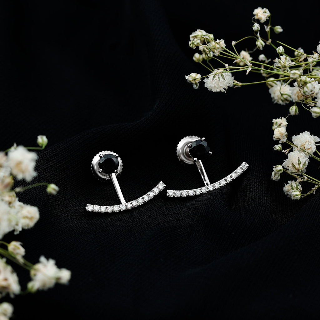 Round Black Onyx Front Back Earrings with Diamond
