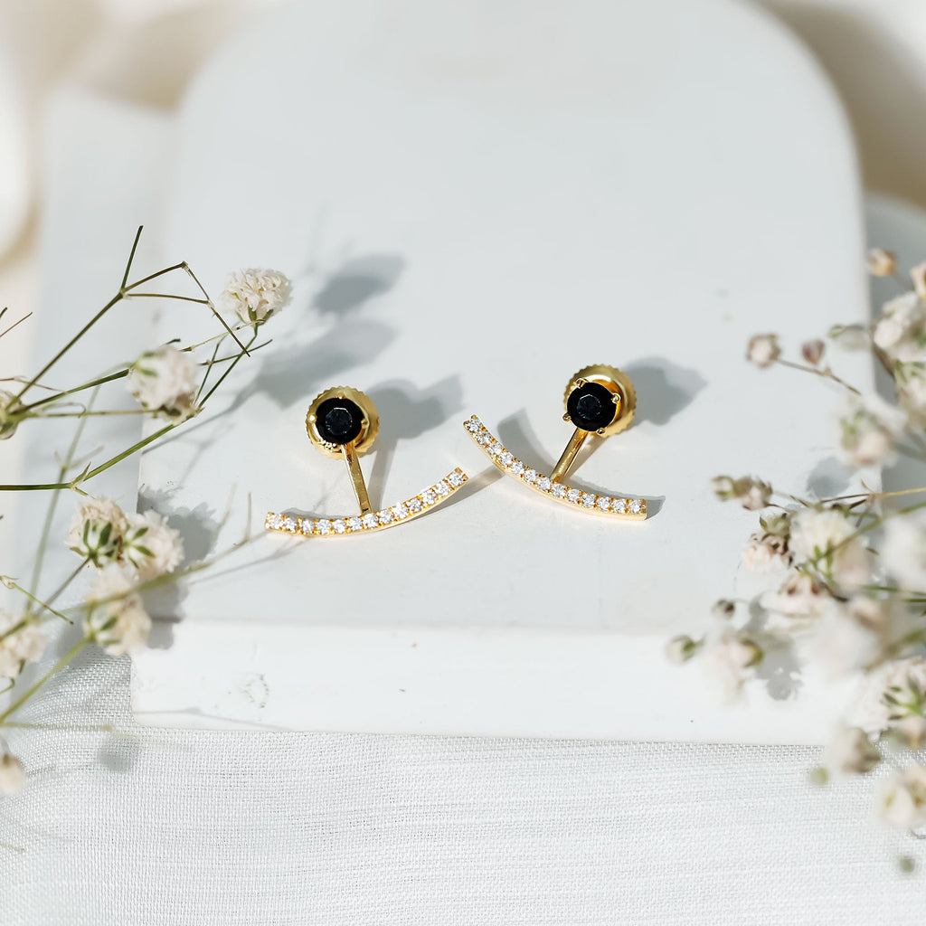 Round Black Onyx Front Back Earrings with Diamond