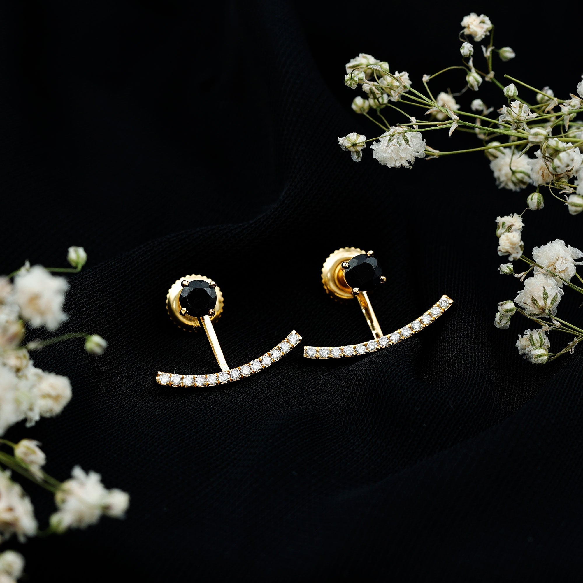 Round Black Onyx Front Back Earrings with Diamond