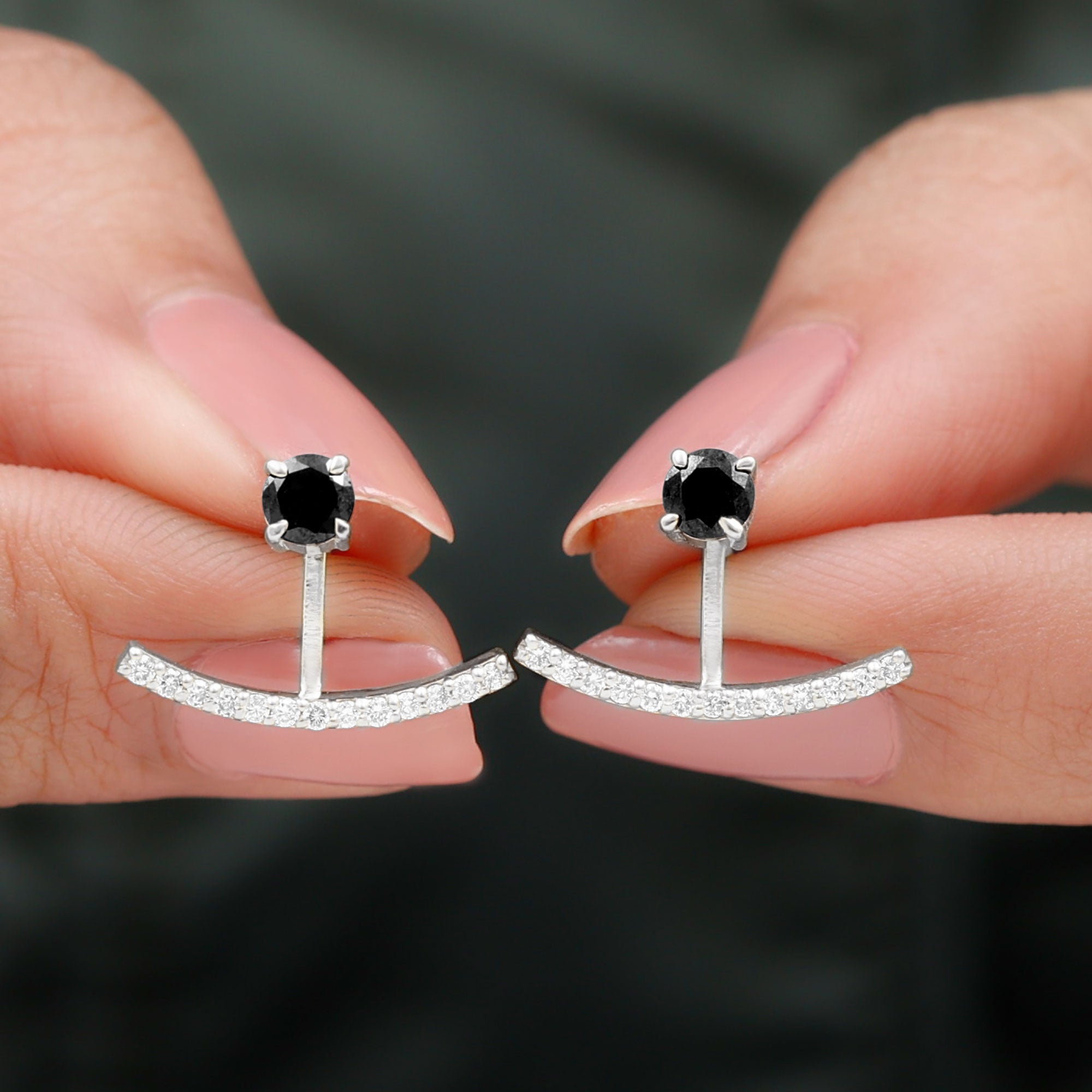 1 Carat Black Spinel Jacket Earrings with Diamond Stones