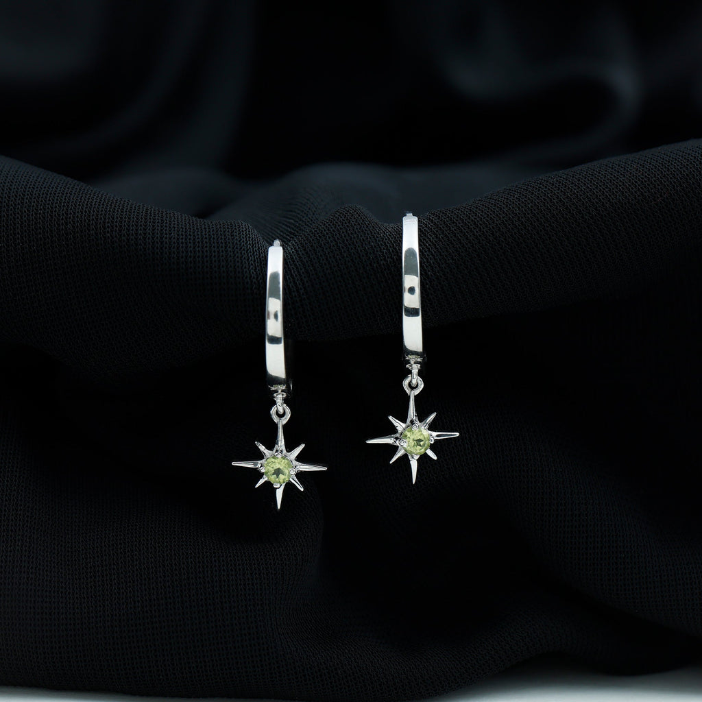 Real Peridot Starburst Hoop Drop Earrings