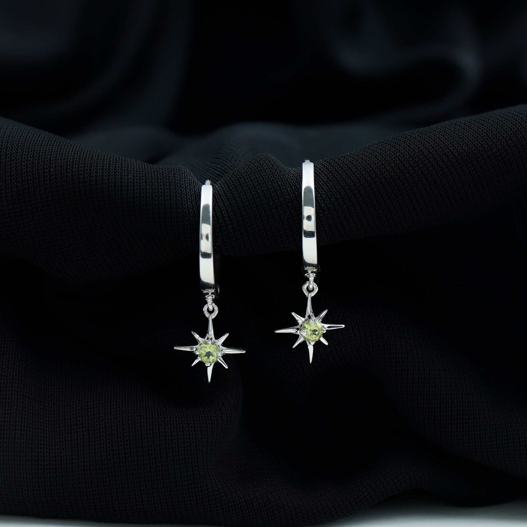 Real Peridot Starburst Hoop Drop Earrings