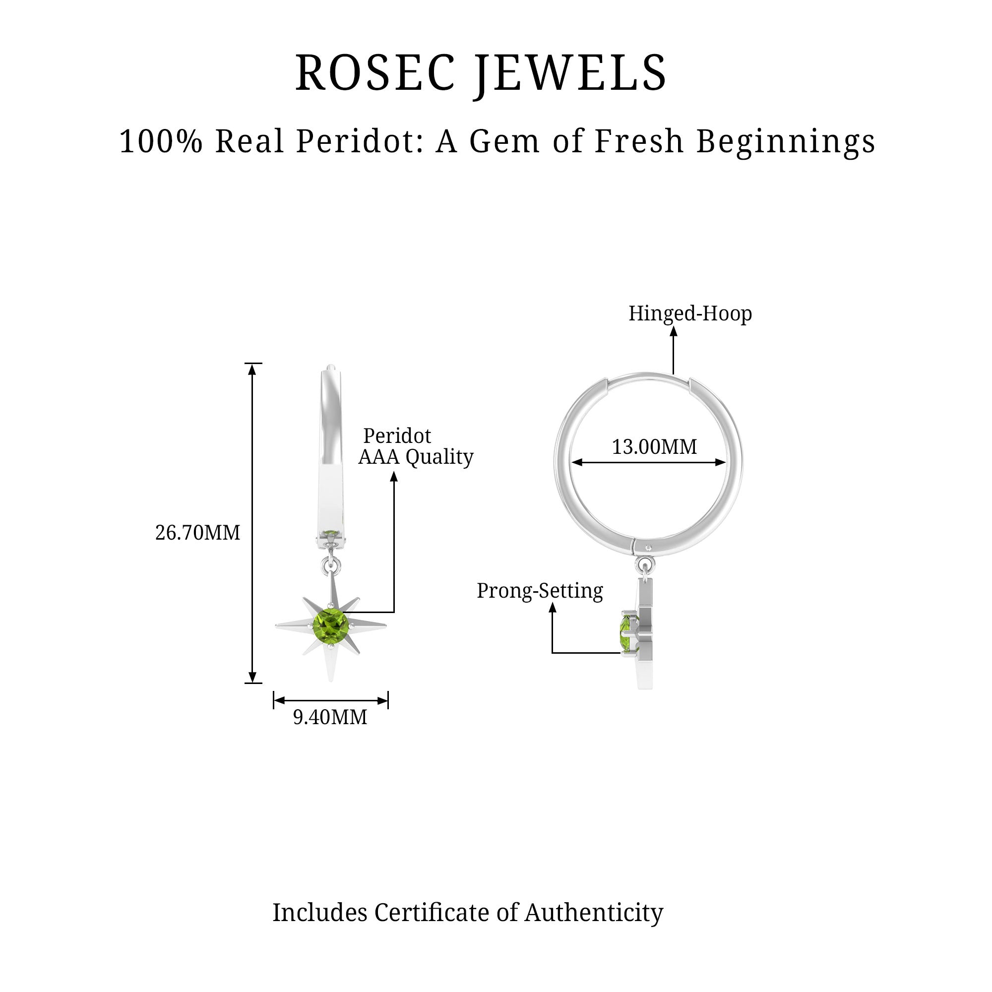 Real Peridot Starburst Hoop Drop Earrings