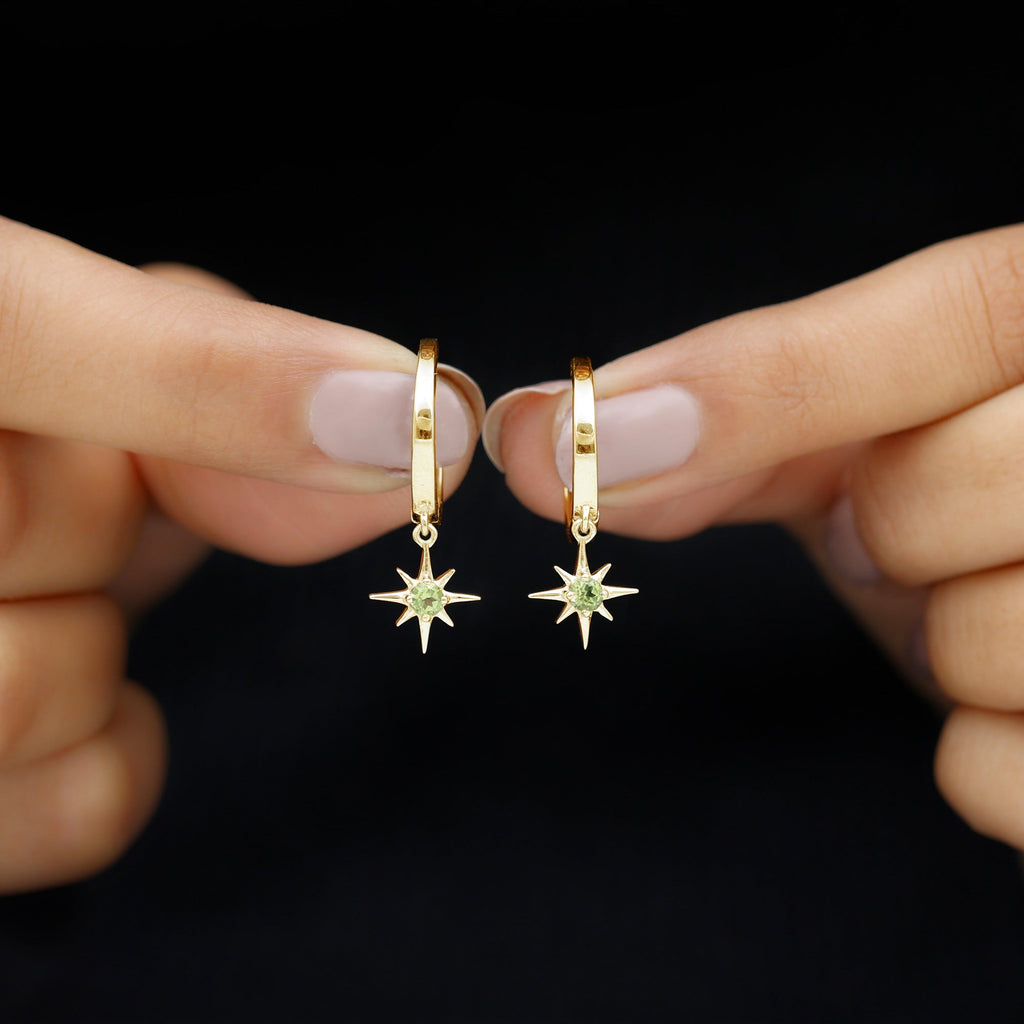 Real Peridot Starburst Hoop Drop Earrings