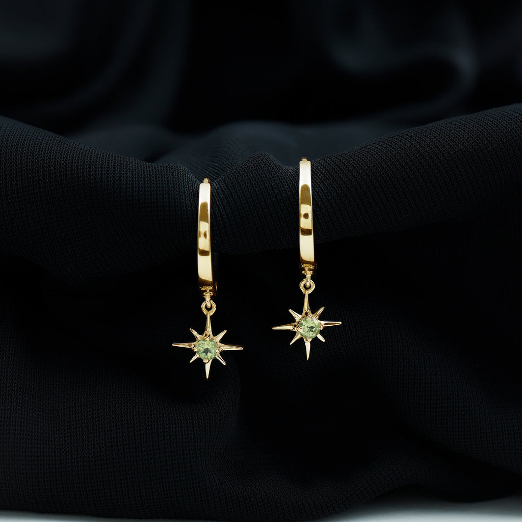 Real Peridot Starburst Hoop Drop Earrings