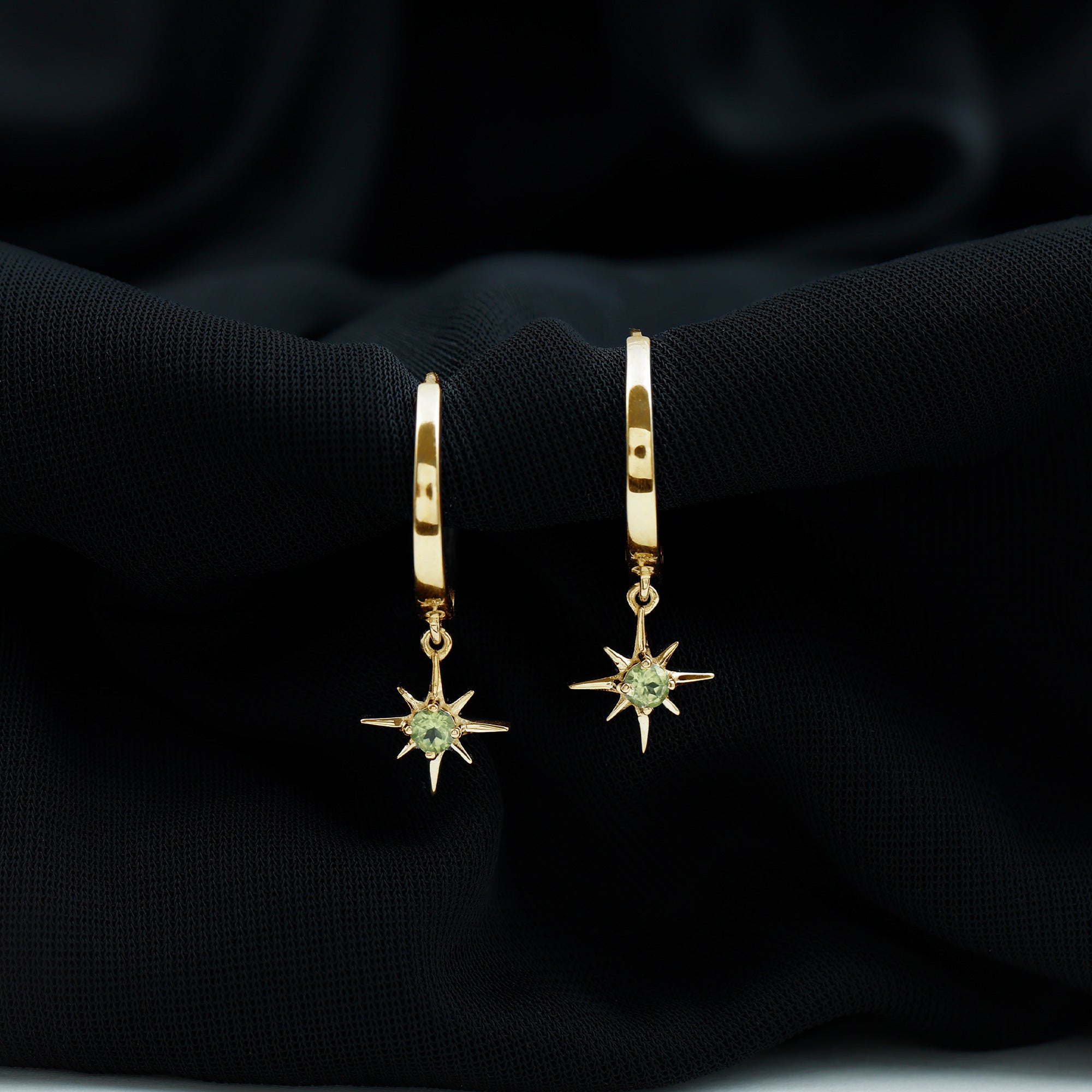 Real Peridot Starburst Hoop Drop Earrings