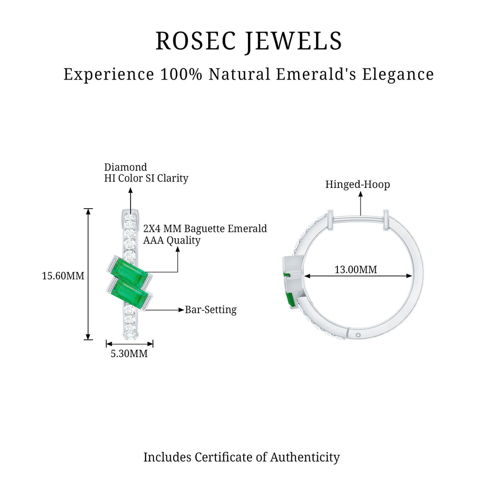 Baguette Emerald and Diamond Hoop Earrings For Women
